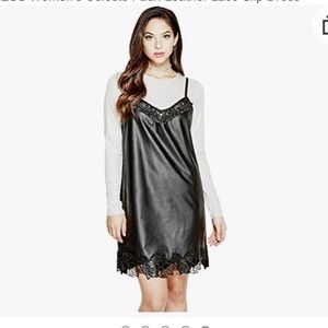 New black GUESS Celeste Faux-Leather Lace Slip Dress